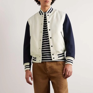 Veste universitaire blanche pour homme, manches bleu marine, style preppy, coupe classique, fermeture boutonnée, pour l'automne, 100 % laine, logo sur le devant - Product Image 3
