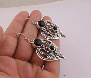 Vintage Black Onyx Gold Plated 925 Sterling <b>Silver</b> <b>Drop</b> <b>Earrings</b> Women Wedding Jewelry - Product Image 3