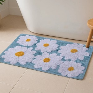 Floral <b>Bath</b> <b>Mat</b> Cotton Tufted Rectangle Non-Slip Rubber Backing Blue White Daisy Pattern Home Use - Product Image 1