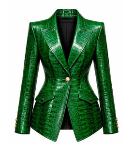 Blazer Verde con Estampado de Cocodrilo en Seda/Algodón para Mujer, Manga Larga, Cuello Alto, Cierre de Cremallera, Estilo Otoño/Invierno - Product Image 3