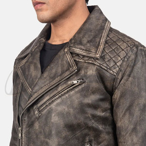Men Distressed Brown <b>Leather</b> Biker <b>Jacket</b> Premium Genuine Sheepskin Quilted Shoulder Slim Fit Motorcycle Fashion Coat - Product Image 2
