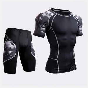 Men's Casual Summer 2pcs Set Breathable Knitted Rash Guard Short <b>Sleeve</b> Shirt and Solid <b>Compression</b> Shorts Sets - Product Image 2