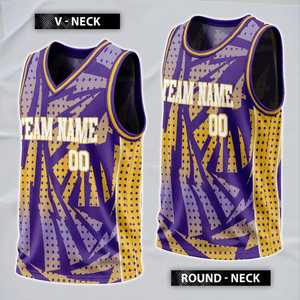 Uniforme de basket-ball personnalisé sublimé, nom de l'équipe 00, design géométrique violet et or, débardeur et short respirants unisexes pour adultes - Product Image 4