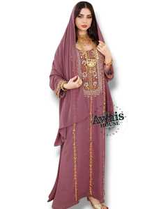 Awais House Women's Maroon <b>Chiffon</b> Floor-Length Abaya Beaded Embroidery Sheer Layer Modest Evening Formal Natural Long Sleeve - Product Image 6