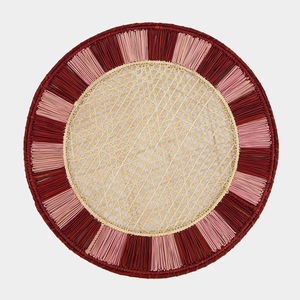 Set de table rond en raphia tressé fait main, écologique, bicolore bordeaux et rose, style bohème, vente en gros - Product Image 1