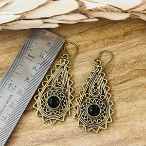 Unique Design Teardrop Dangle Earrings Silver Eye Boho Brass Jewelry Children's Antique Brass Finish Tribal Black Onyx <b>Gift</b> - Product Image 3