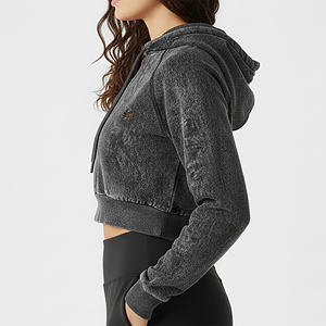Sudadera con capucha corta para mujer, cómoda y ajustable, con lavado ácido, diseño de alta calidad. - Product Image 2