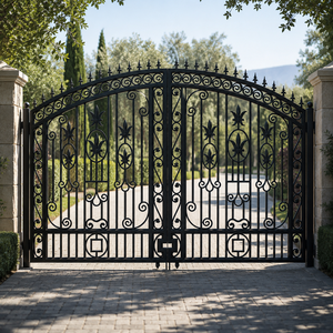 Portail d'entrée double battant en fer forgé noir orné avec motif Fleur de Lys pour la sécurité de la villa et du jardin - Product Image 4