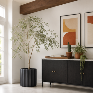 Commercial Grade Black Cylindrical Fiberglass Pots Vertical Rib Texture Large Planter for Mall Lobby Office Landscaping Use - Product Image 6