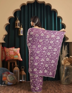 Sari de Mezcla de Seda Bordado Reversible Sin Arrugas KV (Púrpura) para Fiesta - Product Image 6