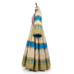 Beige Silk <b>Blue</b> And Gold Embroidery Floor Length Loose Fit Women Traditional Indian Pakistani Wedding Wear Afghan Kuchi Dresses - Product Image 4