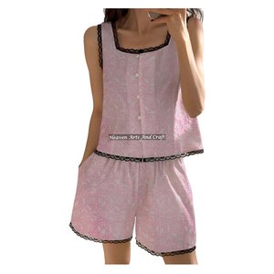 Ensemble de pyjama en coton pur imprimé au bloc avec dentelle pour femme – Doux, sans manches, motif floral, idéal printemps/été – Grande vente - Product Image 3