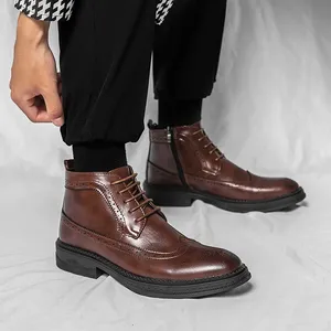 New Fashionable Winter Patent Leather Brogue Ankle Boots Men's Lace up High Tops For Men <b>Flats</b> Everyday All Match Shoes - Product Image 5