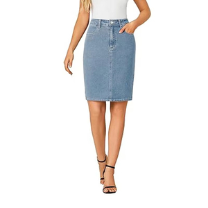 Falda vaquera personalizable de cintura alta para mujer, estilo lápiz, hasta la rodilla, elástica, estilo urbano, azul, con bolsillos, de secado rápido, talla mediana, para invierno. - Product Image 1