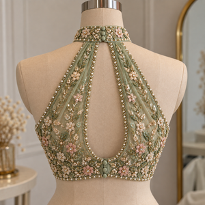 Elegant Women's Formal Short <b>Halter</b> Tank <b>Top</b> with Sequined Floral Embroidery Chiffon Fabric Pearl Beading <b>Green</b> Color - Product Image 3