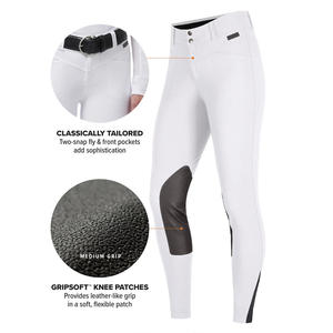 Pantalones de equitación de cintura alta para mujer, largos, color gris con paneles negros y bolsillos, tela de punto elástica en cuatro direcciones - Product Image 4