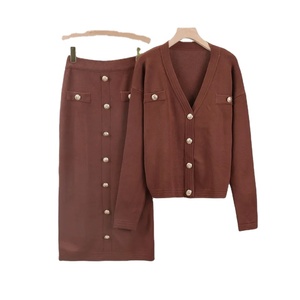 Ensemble musulman deux pièces ensembles femmes Cardigan pull boutons tricoté manteau longue jupe costume tricot jupes tenues modestes - Product Image 2