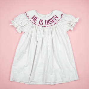 Ropa infantil personalizada con bordado a mano para niñas, vestido casual blanco de manga corta con lazo, cuello Peter Pan, estilo línea A, atuendo de Pascua. - Product Image 1