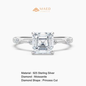 แหวนหมั้นทรง Asscher Cut ประดับโมอิสซาไนต์ ชุบทองคำสีกุหลาบ เงินแท้ 925 สไตล์วินเทจ ประดับเพชร 5 เม็ด - Product Image 6