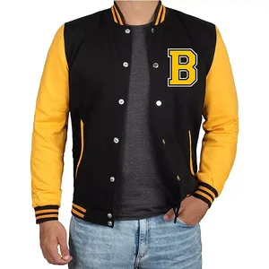 Chaqueta Varsity Negra y Amarilla para Hombre con Logotipo B Bordado, Estilo Preppy, Corte Regular, para Otoño - Product Image 1