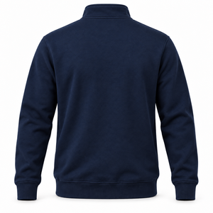 <b>Men's</b> <b>Navy</b> Blue Quarter Zip <b>Fleece</b> 100% Cotton 350 GSM Sweatshirt Regular Fit Solid Color Stand Collar Knitted Pullover - Product Image 2