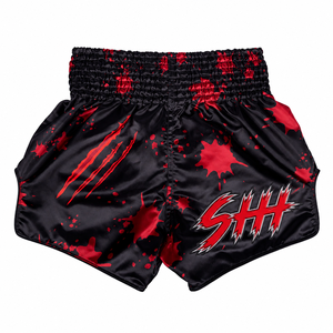 Shorts de combat athlétiques pour hommes en satin noir et rouge 2026, séchage rapide, 160g, pour Muay Thai, Kickboxing, MMA, Boxe, entraînement et sport de combat - Product Image 1