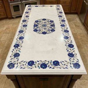 Comptoir d'îlot de cuisine en marbre de luxe – Plateau de table en marbre blanc fait main avec incrustation de pierre florale bleue - Product Image 3