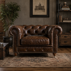 Sillón Chesterfield Tapizado en Cuero con Brazos de Madera, Construcción Duradera, Ecológico, Acolchado Confortable, Atemporal para Dormitorio - Product Image 2