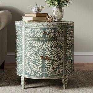 Elegante Gabinete de Madera con Cajón Lateral y Incrustaciones de Hueso, Mueble de Almacenamiento Hecho a Mano con Intrincado Patrón Artesanal - Product Image 1