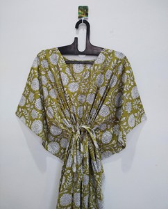 Robe Kaftan pour femmes en coton 100% à imprimé floral, dentelle lavable, coupe ample, longueur genoux, été - Product Image 1