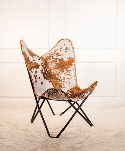 Chaise de salle à manger papillon en cuir marron et blanc de qualité supérieure, fauteuil d'appoint fait main, structure en métal noir, mobilier moderne pour la maison - Product Image 2