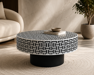 Table basse ronde de luxe moderne en bois avec incrustations en os, design géométrique fait main, meubles de salon, taille personnalisée - Product Image 1