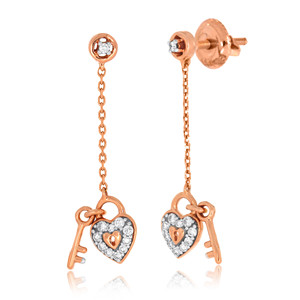 Women's Yellow Gold Plated 14K Heart & Key Chain Lab Grown <b>Diamond</b> Long <b>Dangle</b> <b>Earrings</b>-Trendy Anniversary Gift - Product Image 4