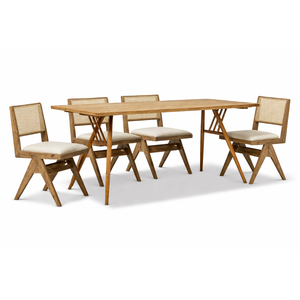 ARTERRA Luxury Modern Teak Wooden <b>Dining</b> Table and Rattan Webbing <b>Chair</b> Set with Cushion for Home - Product Image 1