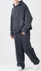 Ensemble jogging et sweat à capuche oversize noir pour homme en molleton de coton éponge délavé avec broderie style Technics - Product Image 4