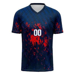 Maillot de tennis sublimé personnalisé pour homme, imprimé bleu foncé et rouge, respirant, en polyester, col en V, manches courtes, uniforme adulte - Product Image 2