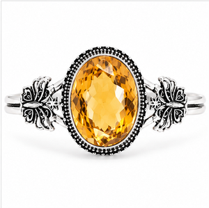 Citrine Sterling Silver Bangle, Oval Yellow Gemstone <b>Bracelet</b>, 925 Silver Statement Jewelry, Boho Gift for Women - Product Image 2
