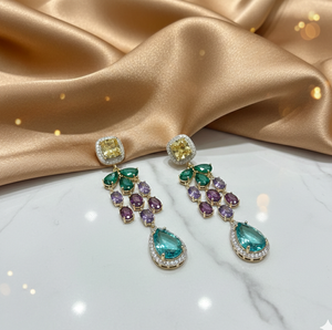 Boucles d'oreilles pendantes multicolores en pierres, 15 g, argent 925 plaqué or 18 carats, bijoux de mariage, boucles d'oreilles longues, cadeau pour elle - Product Image 2