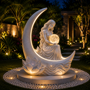 Statue décorative d'extérieur en pierre blanche, boule de lune lumineuse, sculpture de jardin déesse de la lune, design zen asiatique, artisanat religieux LED - Product Image 4