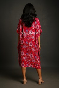 Vestido Kaftán de Algodón con Estampado Floral Rojo para Mujer, Estilo Jaipuri, Casual, Étnico, de Una Pieza, Midi, para Maternidad, Ecológico - Product Image 5