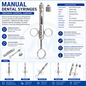 Jeringa Quirúrgica Dental Al Mida, Manual, de Acero Inoxidable, Certificación CE, Instrumento de Clase II, Garantía de por Vida, para Limpieza y Relleno - Product Image 6