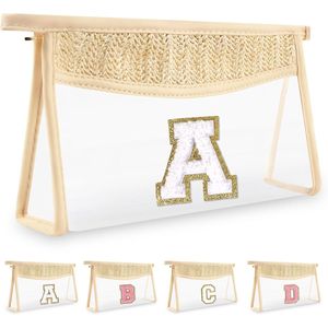 Borsa con Cerniera Personalizzata con Lettera Iniziale, Piccola e Carina, in Ciniglia Stile Varsity, per Trucchi, da Spiaggia, da Viaggio, Boho, in Paglia, Trasparente, per Cosmetici - Product Image 1