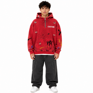 Wholesale Acid Wash Half Zip Hoodies Custom Logo <b>Paint</b> Splash Streetwear Half Zipper Kangaroo Pocket OEM ODM Hooded Sweatshirt - Product Image 2