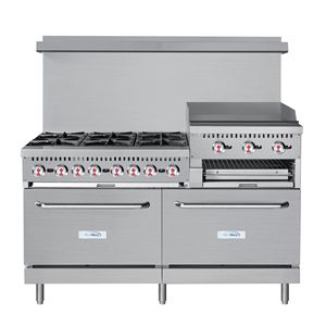Nouvelle cuisinière à gaz Mo-Tak MR10-RGB24-N-C-S 60 pouces avec 6 brûleurs, plancha, gril et 2 fours standards convertibles - Product Image 1