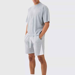 Ensemble deux pièces pour homme, confortable, été, tricoté, 100% coton, respirant, t-shirt à manches courtes et short pour se détendre, vêtements décontractés - Product Image 2