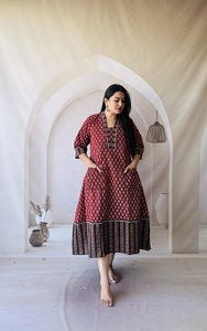 Robe midi en coton ethnique pour femmes, coupe ample, extensible, motif rouge, tenue décontractée, style Inde Pakistan - Product Image 3