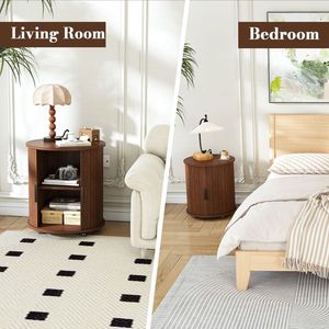 Mid Century Modern 2-Tier Round Nightstand Cylinder End Table with Built-In Charging Station Sliding Door <b>USB</b> <b>Storage</b> Nightstand - Product Image 6