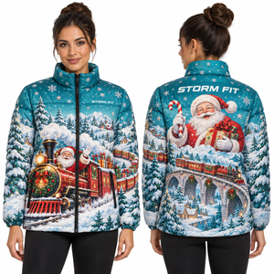 Custom Women's Christmas <b>Santa</b> Train Puffer Jacket sublimation Satin Quilted Winter Coat Zip Up <b>Stand</b> Collar - Product Image 1