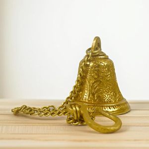Brass Hanging Temple Bells with Chain Antique Finished Traditional Pooja Bell for Home <b>Mandir</b> Decor - Product Image 3