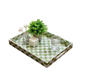 Plateau en nacre, motif damier vert et blanc, mosaïque, plateau de service rectangulaire avec poignées découpées pour la décoration de la maison - Product Image 3
